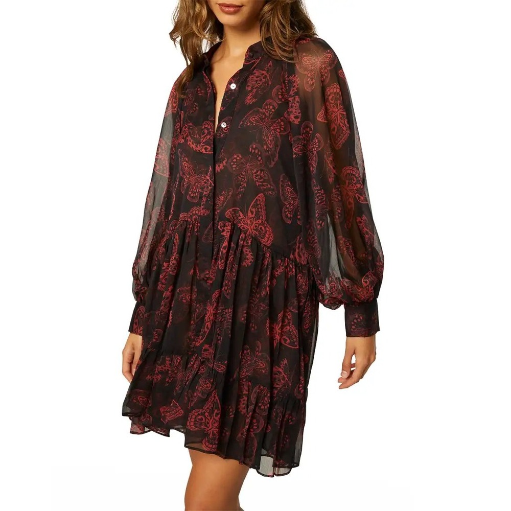 MISA Los Angeles Katia Butterfly Chiffon Mini Dress - Black & Red‎ - Size M